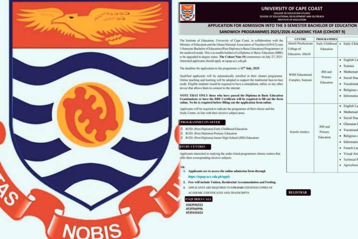 UCC OPENS 3-SEMESTER B.ED SANDWICH APPLICATION PORTAL – 2025/2026 ACADEMIC YEAR: APPLY NOW